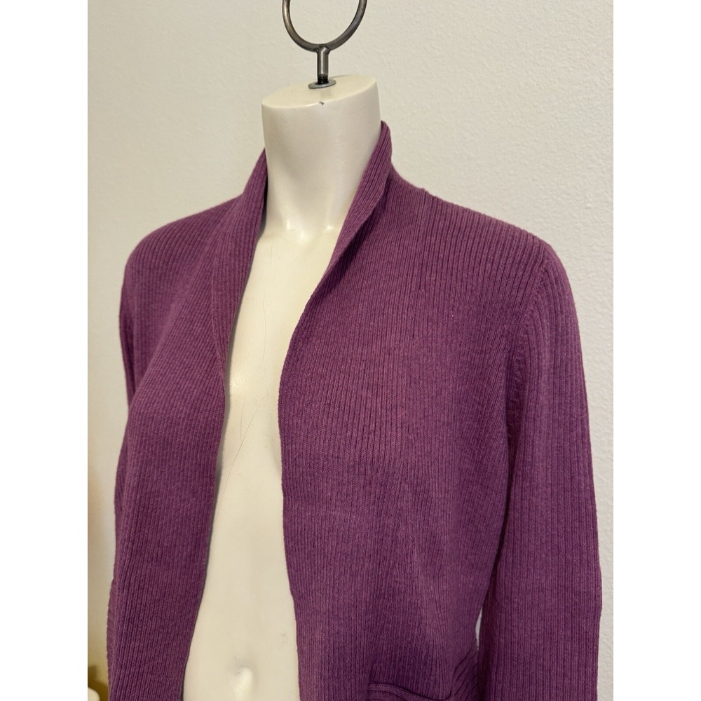 Eileen Fisher Shawl Collar Ribbed Purple Eggplant  Open Front Cardigan Sweater M - Picture 3 of 7
